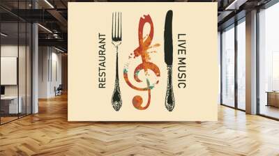 Vector menu or banner for restaurant with live music decorated with fork, knife and a treble clef in the form of abstract bright spots on a light background in retro style Wall mural