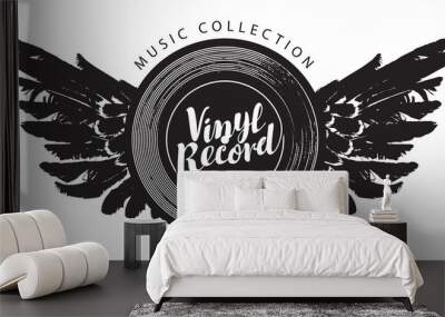 Vector music banner with a winged vinyl record. Black and white illustration with the words Vinyl record, Music collection. Suitable for poster, flyer, placard, invitation, emblem, t-shirt design Wall mural