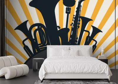 Vector music poster in retro style with vinyl record, wind instruments, saxophone, microphone and inscription on the background with rays. Music collection Wall mural