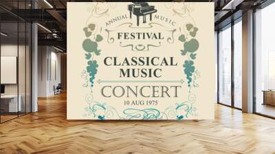 Vector poster for a concert of classical music with grand piano and vignette in vintage style on beige background Wall mural