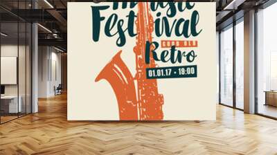 Vector poster for jazz festival of live music with a golden saxophone and inscriptions. Music banner, flyer, invitation, ticket in retro style Wall mural