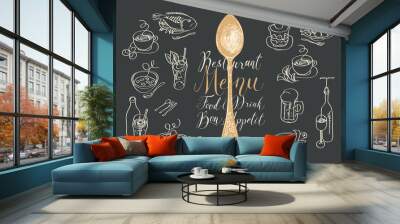 Vector restaurant menu with spoon, sketches of different dishes and handwritten inscriptions on the black background. Drawing chalk on the blackboard. Contour drawings in retro style. Wall mural