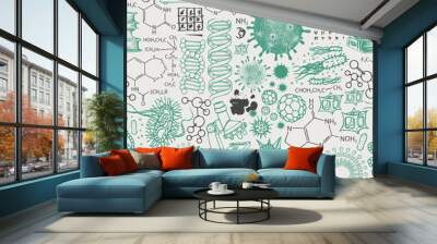 Vector seamless pattern on the theme of chemistry, biology, genetics, medicine. Abstract background with hand-drawn sketches in retro style. Suitable for wallpaper, wrapping paper, fabric Wall mural