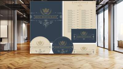 Vector set of design elements for a cafe or restaurant in baroque style with hand drawn crown in beige and dark grey colors. Menu cover, price list, stands for drinks and business cards Wall mural