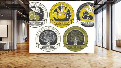 Vector set of labels or stickers for olives and olive oil of round shape with ribbons in retro style Wall mural