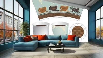 vector template paper cup for hot drink with an old steam locomotive in retro style Wall mural