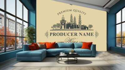 Vector wine label with calligraphic inscription, landscape of vineyards and European village in retro style on beige background Wall mural