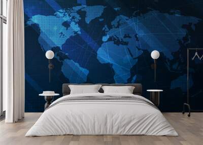 Abstract blue world map background.  Digital global technology concept. Vector Illustration. Wall mural