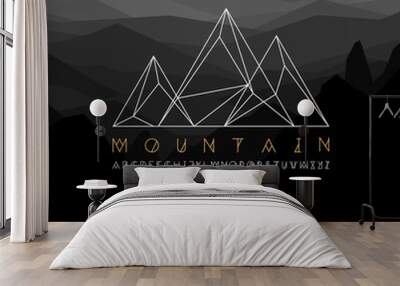 Mountain line icon, outline vector logo illustration, linear pictogram isolated on black. With thin line alphabet for your headline. Wall mural