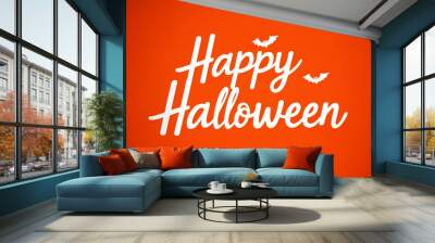 illustration of white happy halloween text with bats isolated on orange wallpaper background  Wall mural