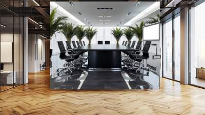 Nobody in the modern and elegant empty company office interior with black chairs and black metal table sitting on a shiny gray floor with tropical plants, conference meeting boardroom Wall mural