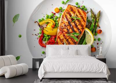 Grilled salmon with asparagus, pea, yellow peppers, carrots, and spring onions on a transparent background. This vibrant, nutritious meal features fresh vegetables and protein-rich seafood. Wall mural