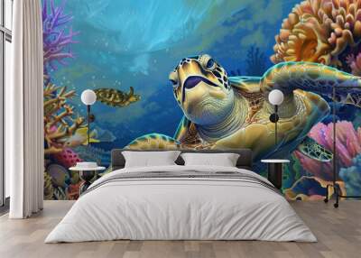 A turtle is swimming in the ocean with fish swimming around it Wall mural