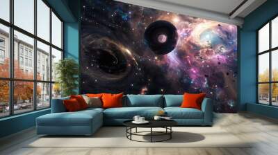 Two black holes are in the middle of a starry sky Wall mural