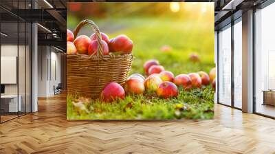 Apples in a Basket Outdoor. Sunny Background. Autumn Garden Wall mural