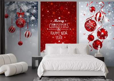 Christmas Banners Set with Fir Branches, Red Balls and Gifts Wall mural