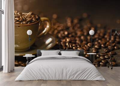 Coffee Cup With Beans On a Dark Background Wall mural