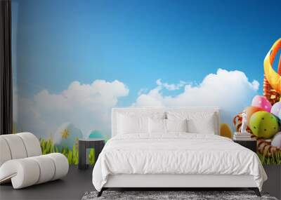 Easter Eggs in a Basket on Green Grass and Blue Sunny Sky Wall mural