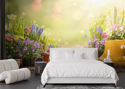 Gardening Concept. Garden Flowers and Plants on a Sunny Background Wall mural