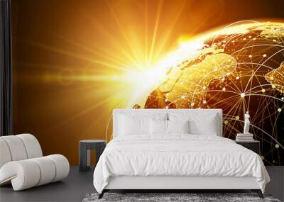 global network with sunrise Wall mural