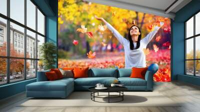 Happy Woman Enjoying Life in the Autumn on the Nature Wall mural