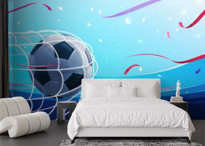 Hitting a soccer ball in a net on a blue background with bright highlights and falling confetti. Football championship in the arena. Vector illustration Wall mural