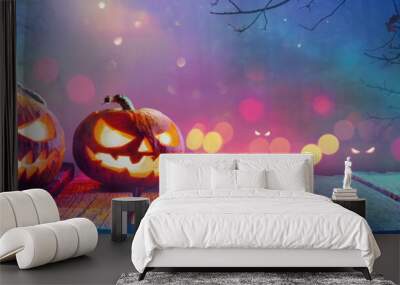 Jack O' Lanterns Glowing In Fantasy Night. Halloween Background Wall mural