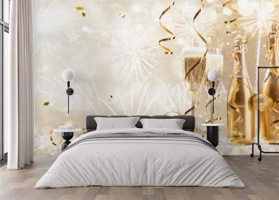 New Years Eve Celebration Background with Champagne and Confetti. Golden Holiday Party Wall mural