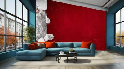 santa claus showing something on a red wall Wall mural