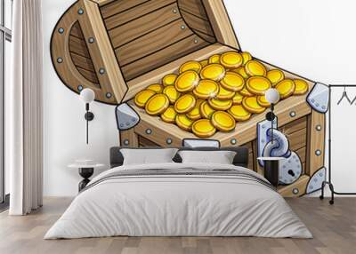 Old chest of gold coins. Vector illustration on white background. Wall mural