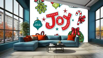 Holiday joy seasonal icons, wreath, ornaments illustration set Wall mural