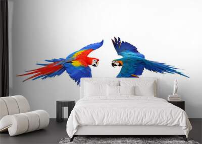 Colorful macaw parrots flying isolated on white Wall mural