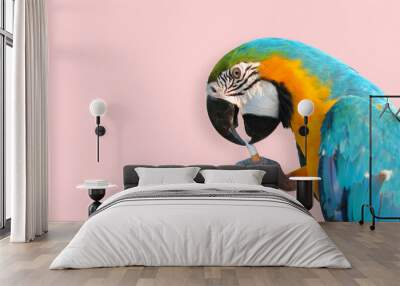 Parrot smoking cigarette with shadow on pink.  Funny Animal Wall mural