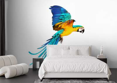 Side of macaw parrot flying isolated on white. Wall mural