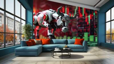 A new AI bull robot stands on a green stock market 3D bars, on red stock market background, vibrant blend, copy space for text , realistic photo high detailed Wall mural