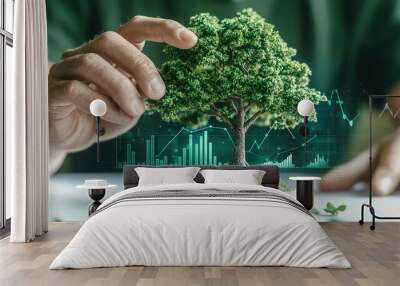 A tree man is touching a growth graph bar chart on a virtual screen, depicting a business plan, financial market, and stock prices going up Wall mural