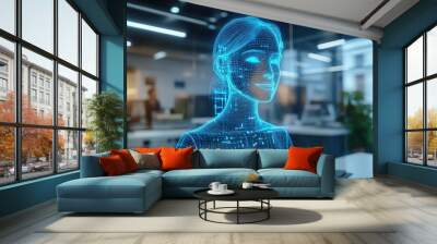 AI assistant hologram in a modern office, AI communication, workplace efficiency Wall mural