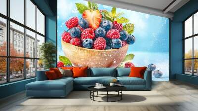 Assortment of colorful berries in a wooden bowl, rich in antioxidants, brain health focus Wall mural