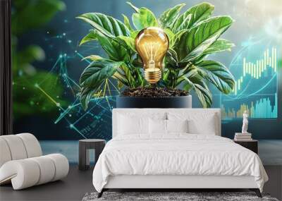 Close-up of a Tumbler potted plant with a flower that is a glowing gold light bulb Wall mural