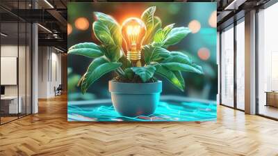 Close-up of a Tumbler potted plant with a flower that is a glowing gold light bulb Wall mural