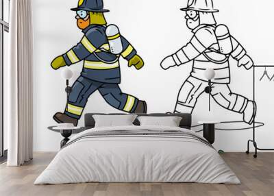 Firefighter or fireman is running. Coloring book Wall mural