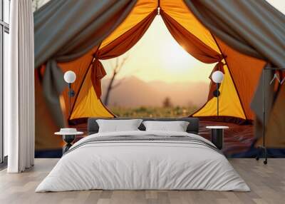 Tent with a yellow canopy and a view of the mountains Wall mural