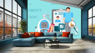 Obesity landing page. Tiny doctors cure a fat man, measure blood pressure, blood sugar, weight. Wall mural