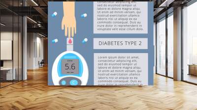 Poster, flyer, banner with magnifier and blood glucose testing meter. Diabetes mellitus, type 2 diabetes and insulin production concept vector. Wall mural