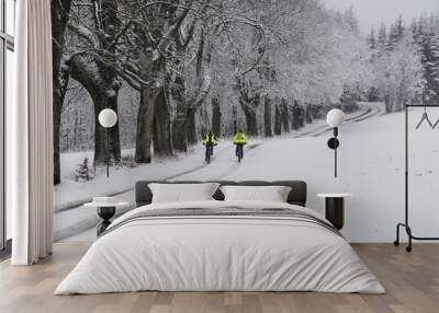 Two cyclists riding on a snowy road Wall mural