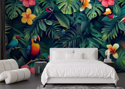 Seamless pattern tropical rainforests  with colourful birds and flowers Wall mural