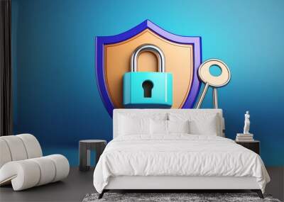 A blue shield with a padlock symbolizes security, flanked by two keys, representing protection and safety. Wall mural