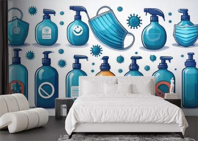 A collection of various hygiene products including hand sanitizers, sprays, and masks, set against a backdrop of virus illustrations. Wall mural