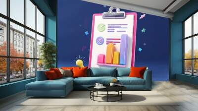 A colorful clipboard displays graphs and data against a blue background, emphasizing analysis and creativity with playful elements. Wall mural