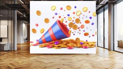 A colorful party horn spills golden coins and confetti, creating a festive atmosphere ideal for celebrations and events. Wall mural